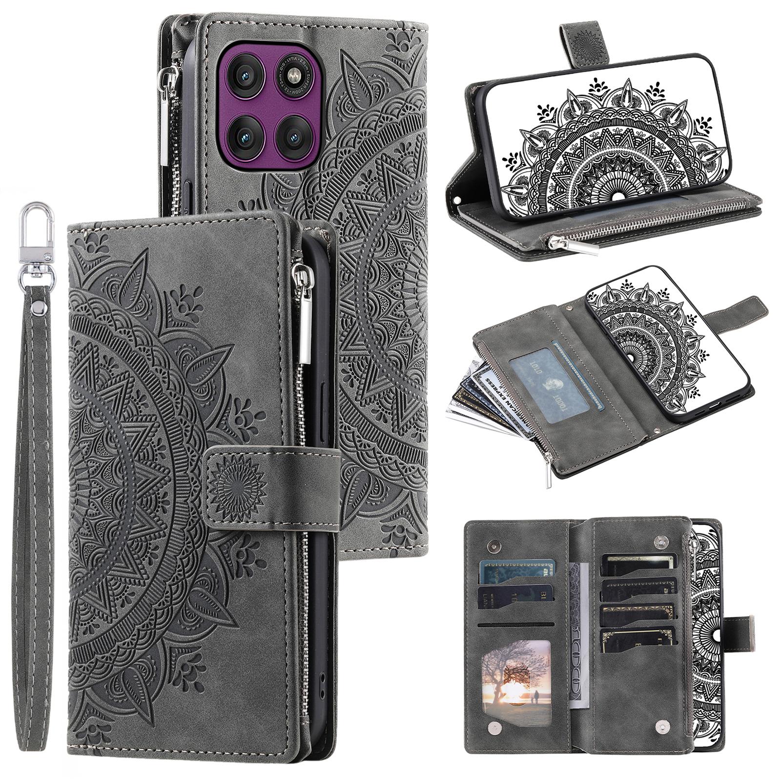 

For Motorola Moto G56 5G Wallet Case Mandala Flower Pattern PU Leather Phone Cover with Wrist Strap Grey