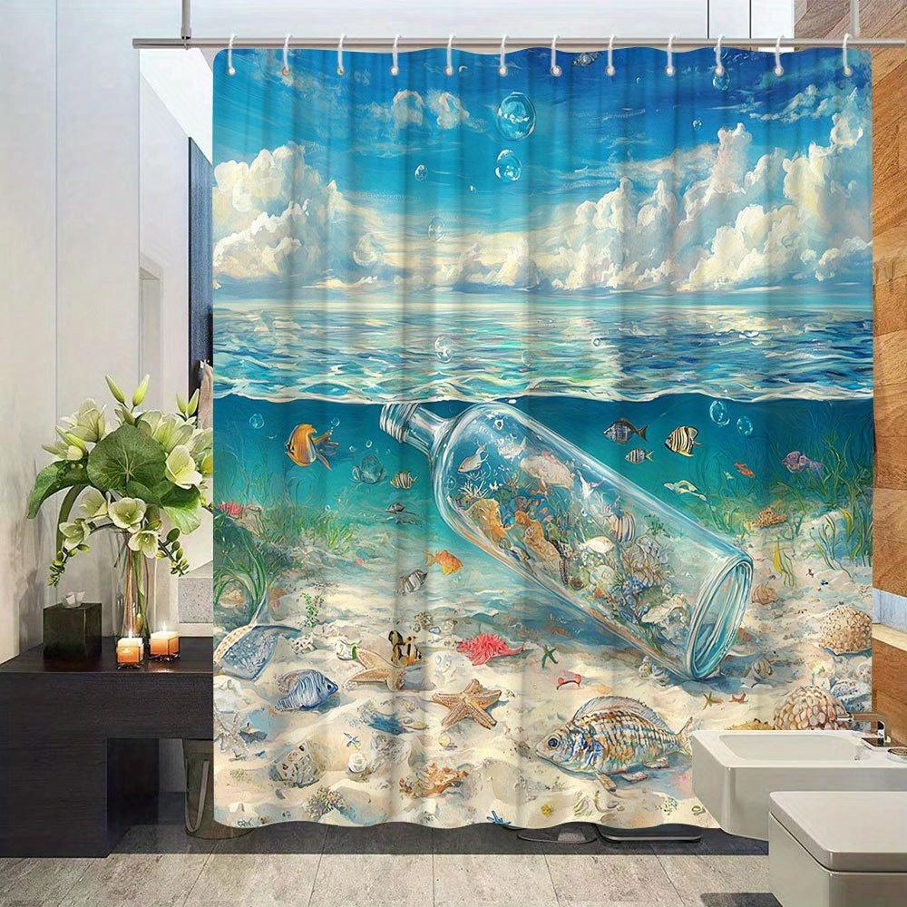 Ocean Animal Theme Shower Curtain - Vivid Sea Landscape & Fish Pattern, Polyester Bathroom Decor, 12 Hooks