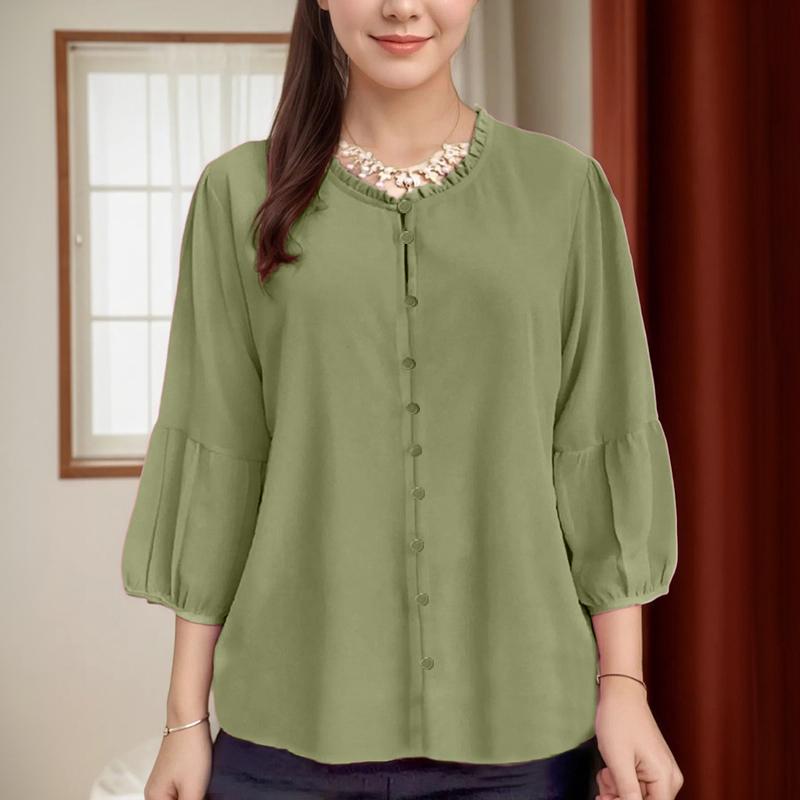 ZANZEA Women Casual Round Neck Solid Color 3/4 Sleeve Loose Blouse