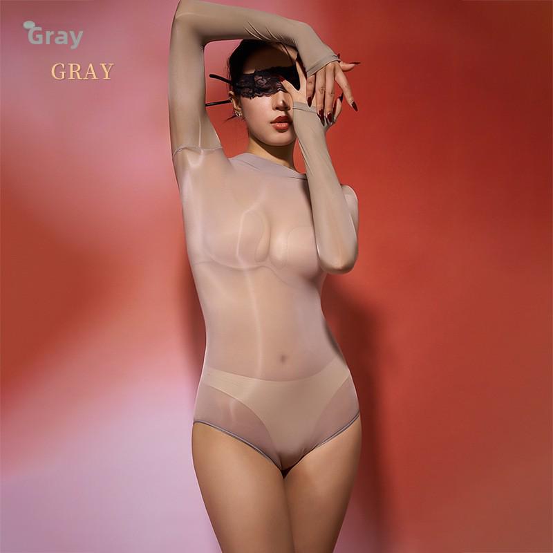 Seamless Shiny Silky High-Cut Bodysuit & Sexy Stockings Set - Large Size