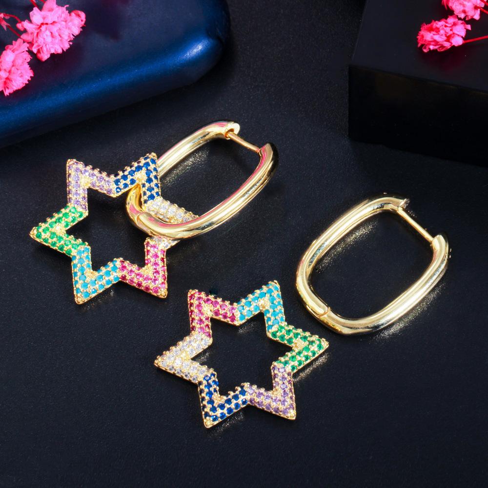 Hip Hop Ladies Heart Earrings Color Zircon Creative Pentagram Ear Buckle Earrings