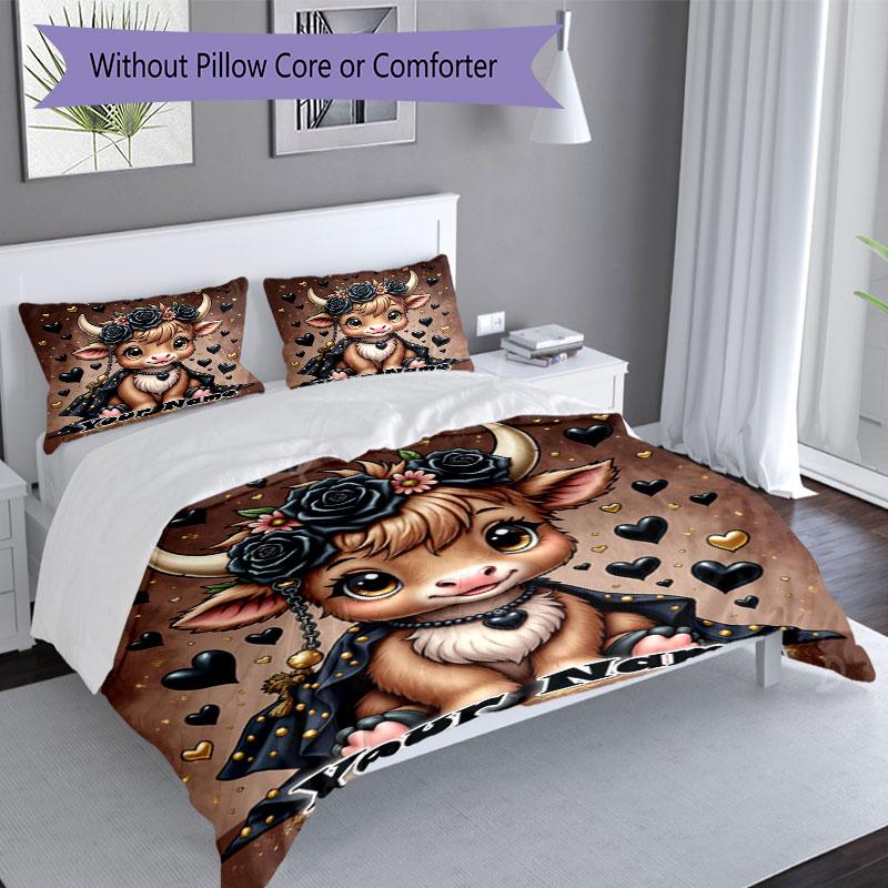 3PC Custom Name Fantasy Cow Flowers Bedding Set Printed Bedding Set Duvet Cover Closure Includes 1 Duvet Cover & 2 Pillowcases for All Seasons Bedroom