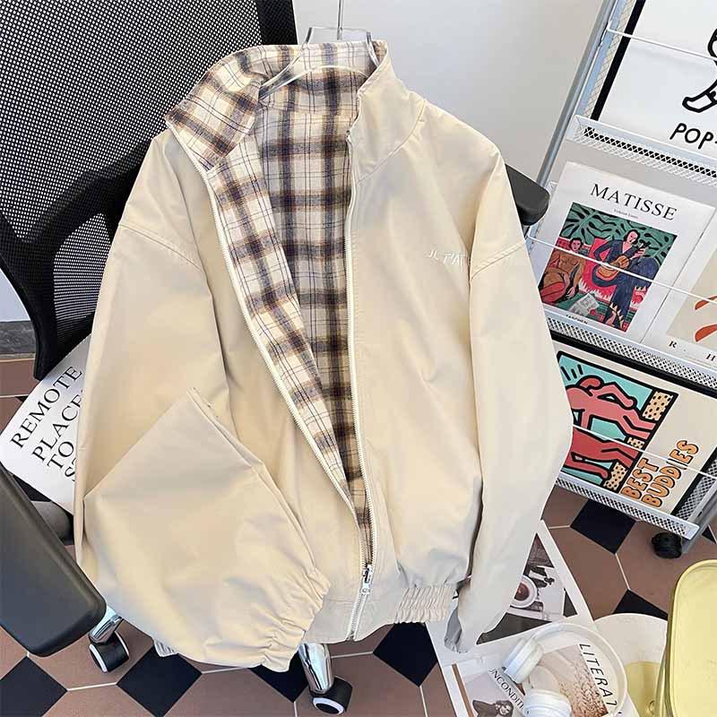 

Весенне-осенняя двусторонняя клетчатая куртка мужская со стойкой воротником повседневная модная брендовая хулиганская красивая американская двусторонняя ретро свободного кроя 2XL хаки