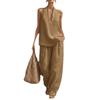 2026 Womens Loose Sleeveless Drop Shoulder Two-Piece Set With Wide Leg Pants Bamboo Linen Blend Casual Outfit