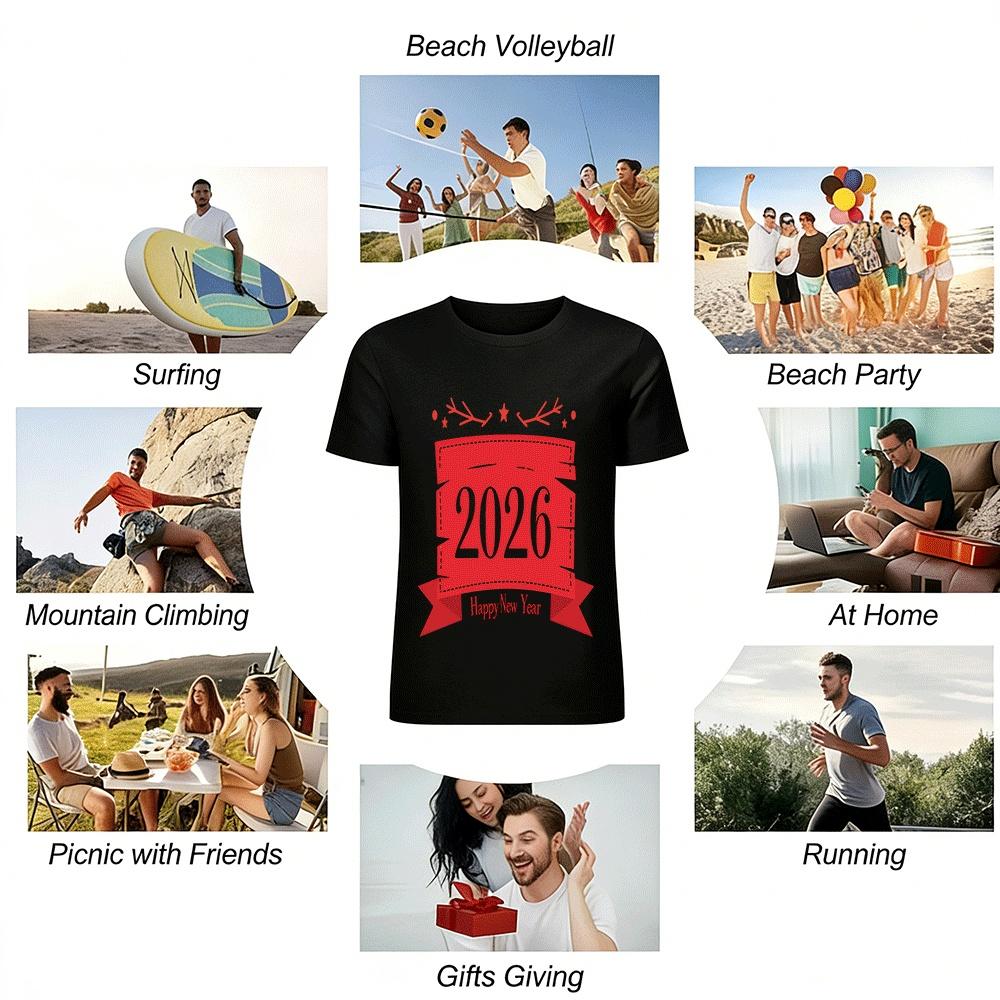 2026 Happy New Year Red Print Casual Loose Fit Top Pure Cotton T-shirt