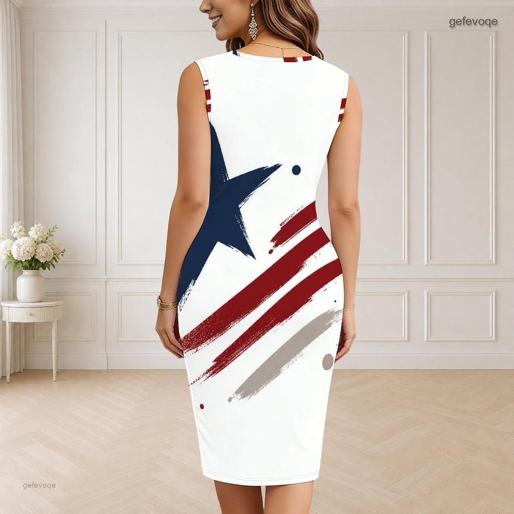 Women Plus Size V Neck Sleeveless Eagle Star Printed Bodycon Midi Dress