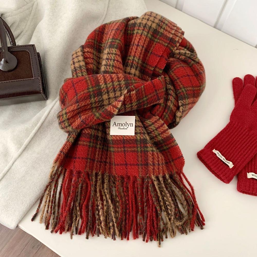 Sweet Winter Knitted Scarves New Year Red Long Shawl Warm Plaid Wool Scarf  Student