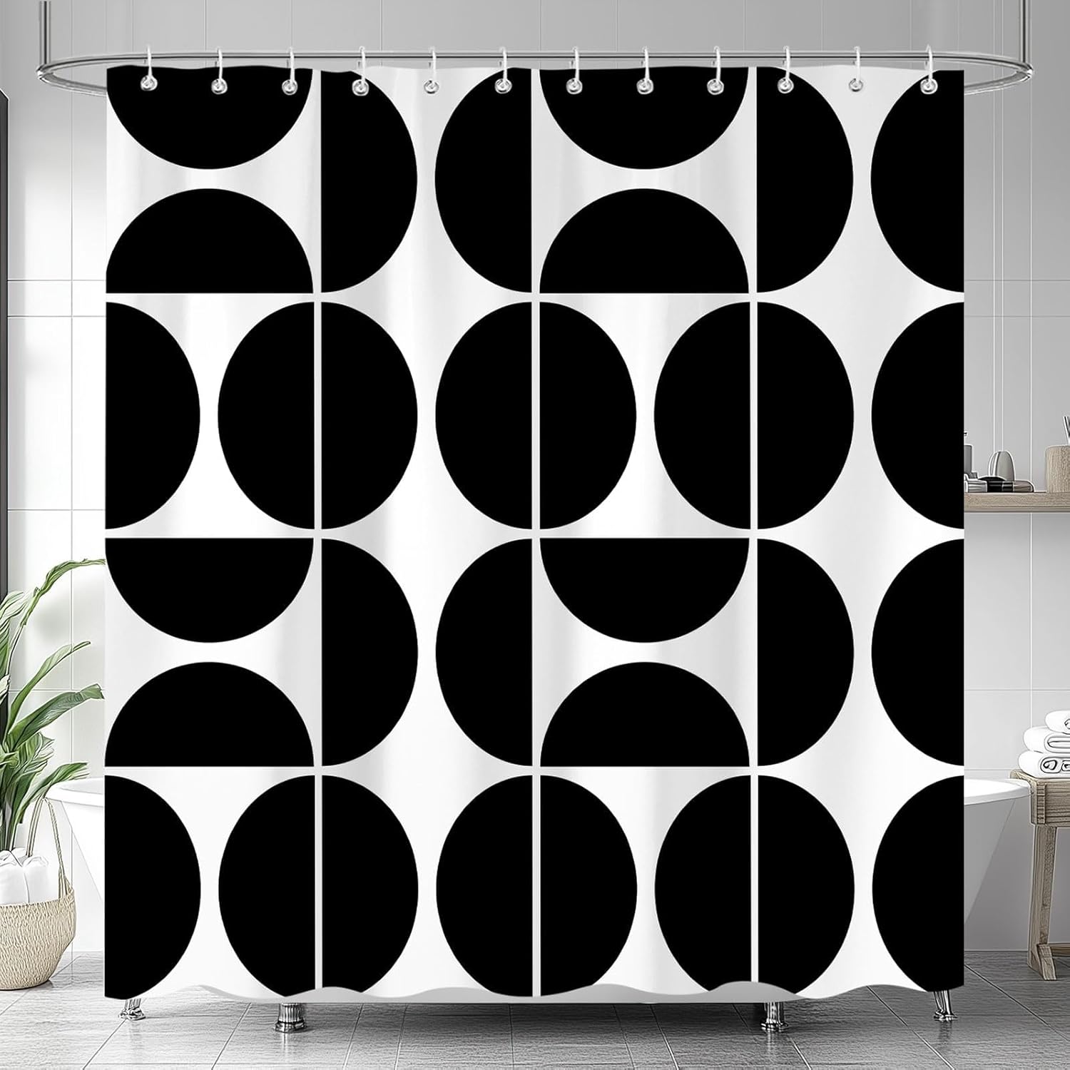 Pandara Jewelry Black/White & Geometric Shower Curtain – Mid-Century Modern Abstract Design, Retro Boho Bathroom Decor