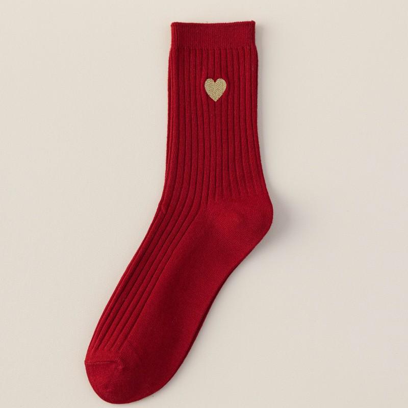 Big Red Socks New Year'S Red Socks Medium Tube Sweat-Absorbing Cotton Socks Embroidered Versatile Year Of The Horse Double Needle Stacking Socks