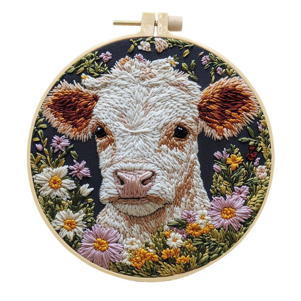 1 Stück Kuh- und Blumenmuster Stickerei DIY Stoffbastelset mit Werkzeugen