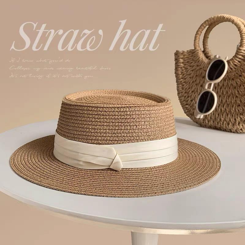 New French Flat-top Straw Hat Women's Big Head Circumference Seaside Beach Top Hat Woven Sun Hat Summer