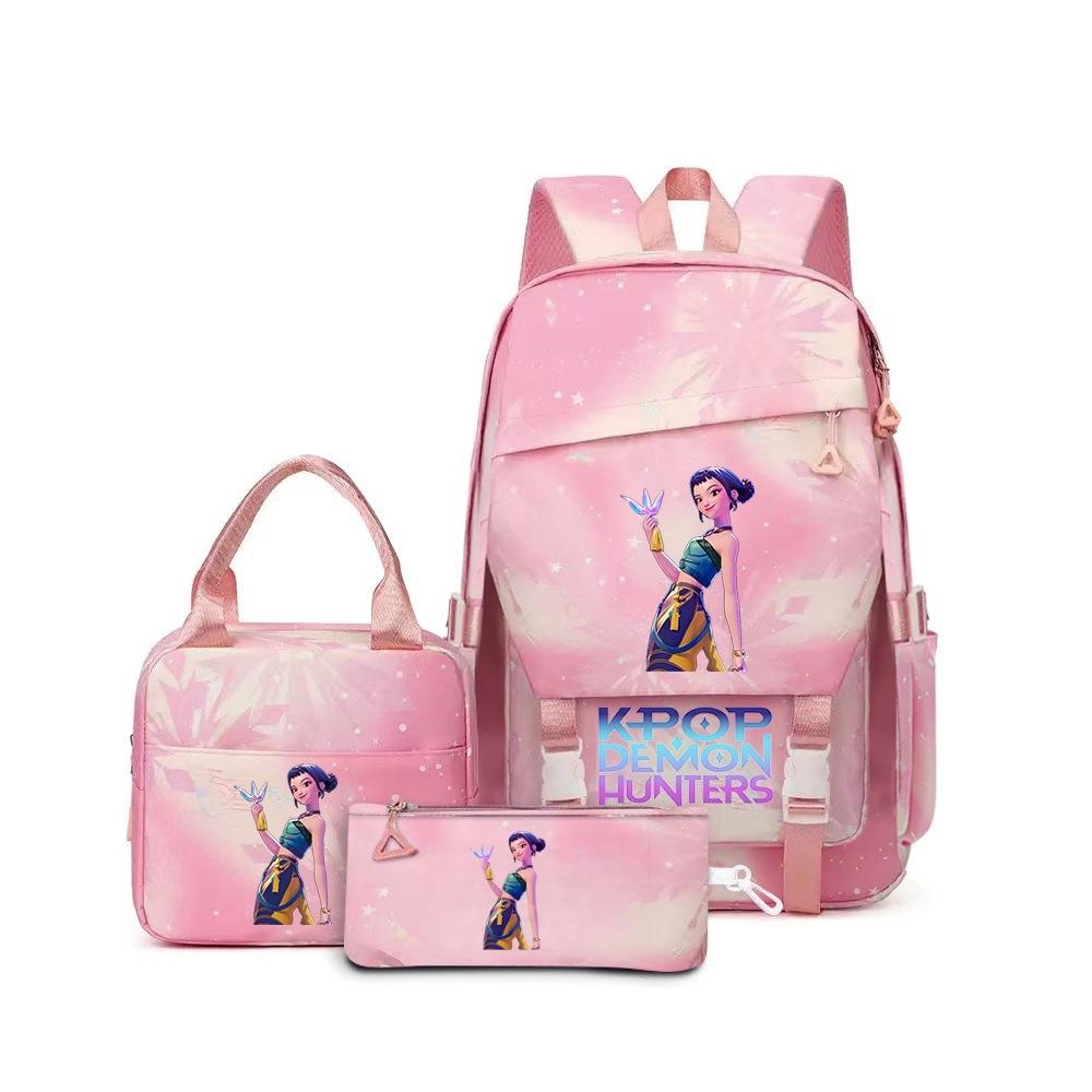 Demon Hunters Children S Printed Casual School Bag Primary And Secondary School Student School Bag Handbag Pencil Case Three-Piece Set Pink three-piece set
