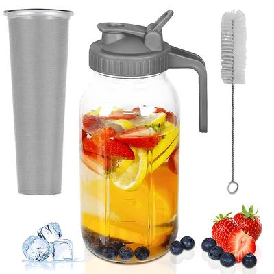 Glass Mason Jar Pitcher with Lid 2 Quart (64oz / 2L) Wide Mouth Leak Proof Water Jug with Filter