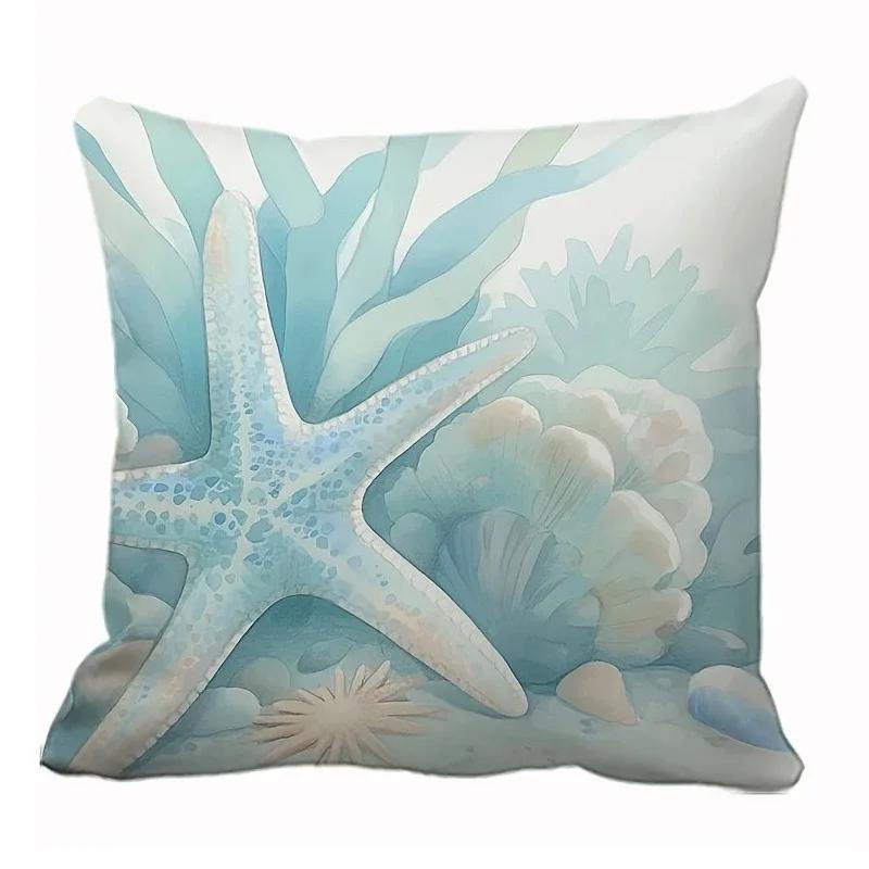 Home Decor Oceanic Creatures: Seahorses, Starfish & Turtles Pattern Cushion Cover Suitable For Sofa Bedroom Car Pillow Cover
