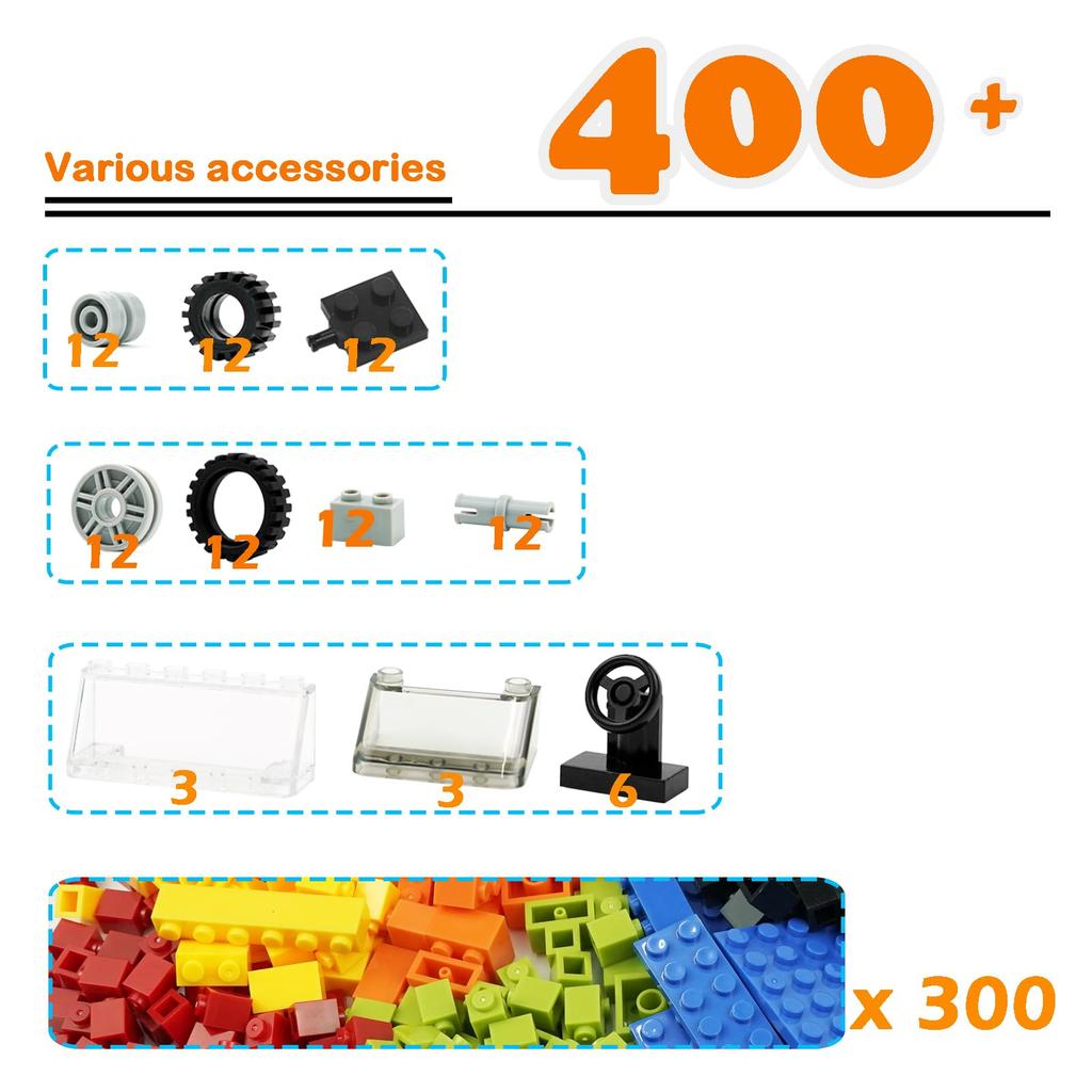 Classic Blocks Wheel, Axle and Tire Set, Over 400 Car Parts, Educational Technical Vehicle Building Kit