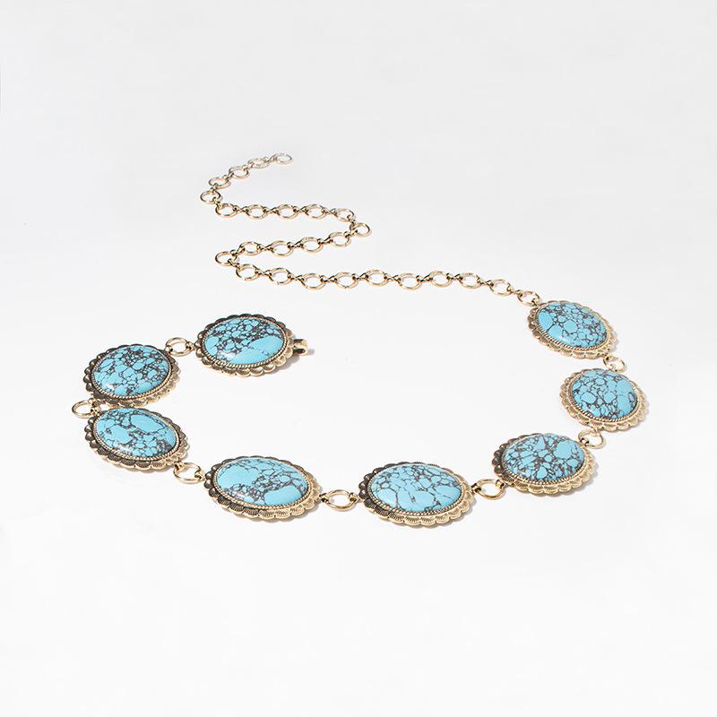 Women's Retro Large Turquoise Heavy Industry Metal Wide Ornate Palace Engraving Round Fashionable Waist Chain