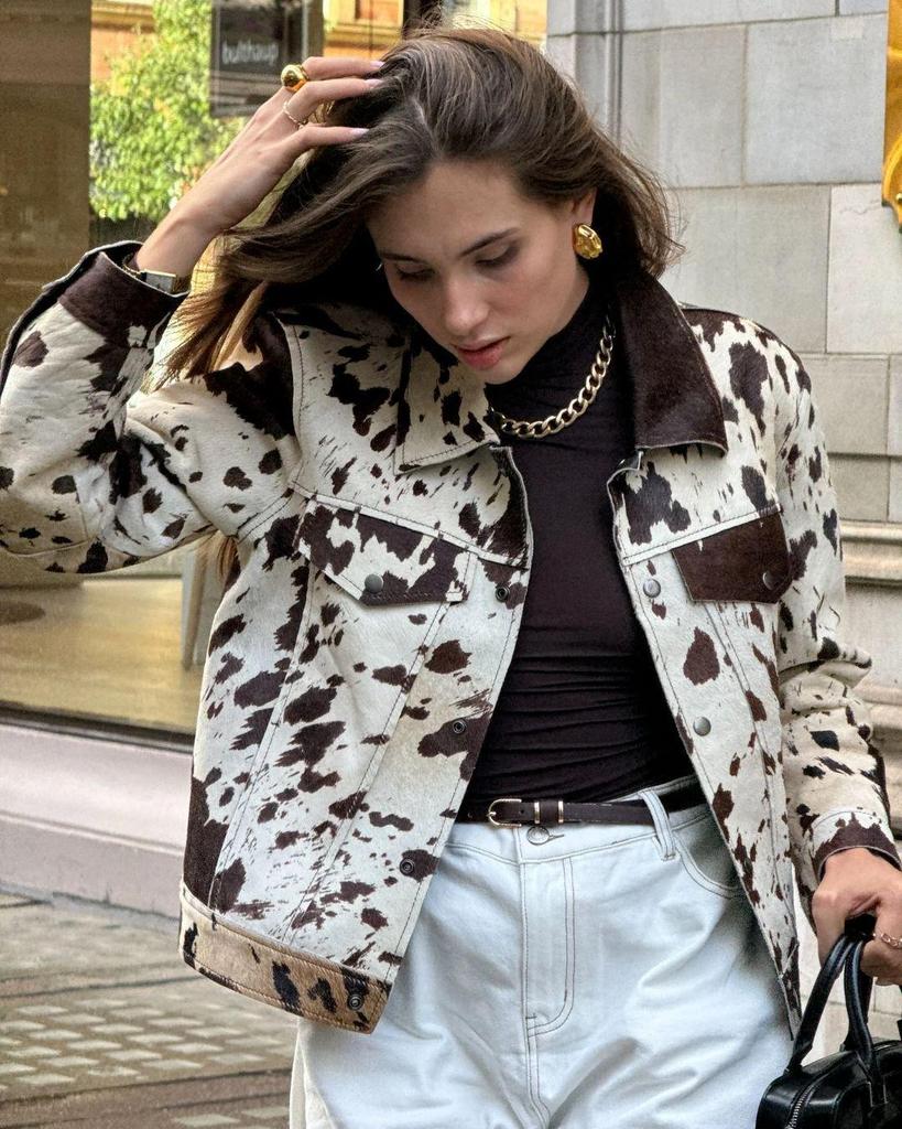 Evropský a americký styl dámský krátký kabát s klopou a nepravidelným vzorem