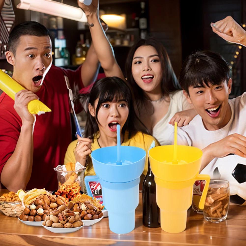 Stadium Tumbler Popcorn Drink Cola Cup 2 In 1 Snackies Cup Portable Splash Snack Bowl Chicken Storage Bowl with Handle Straw Cup
