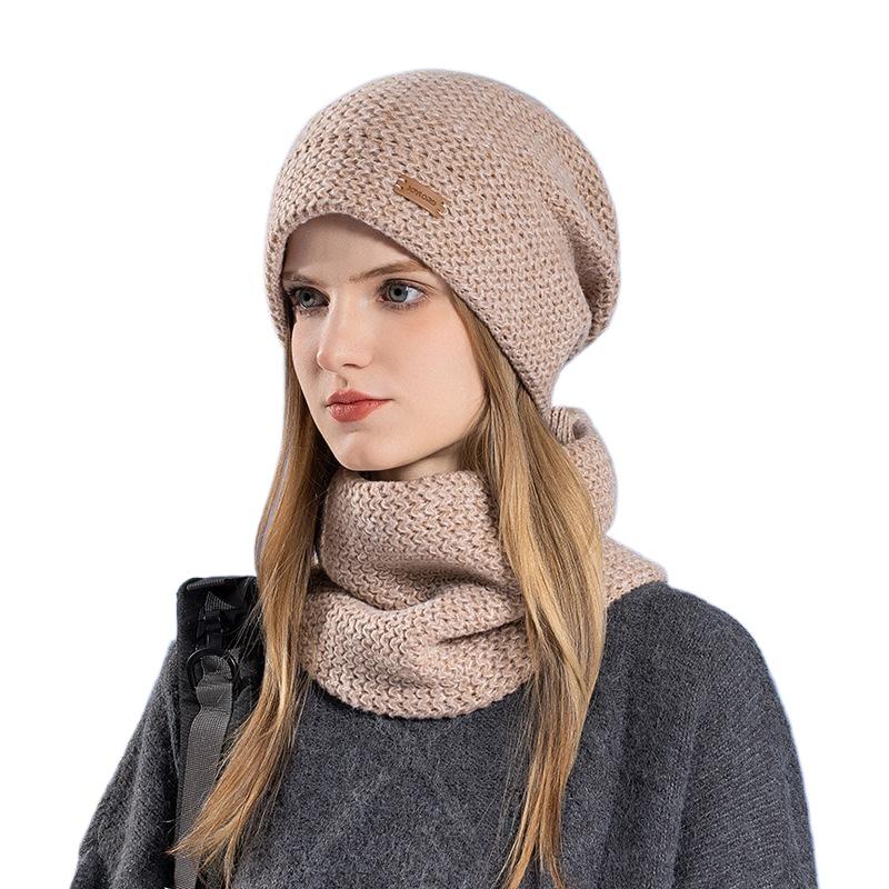 Women's Knitted Hat Winter European and American Warm Hat Scarf Set Fleece Ear Protector Pullover Wool Hat