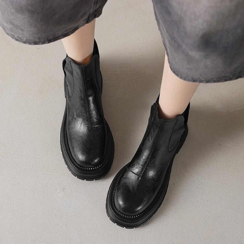 Fashion NEW Autumn Women Boots Round Toe Chunky Heel Shoes Split Leather Shoes Women Casual Platform Chelsea Boots Daily Shoes Zip Boots
