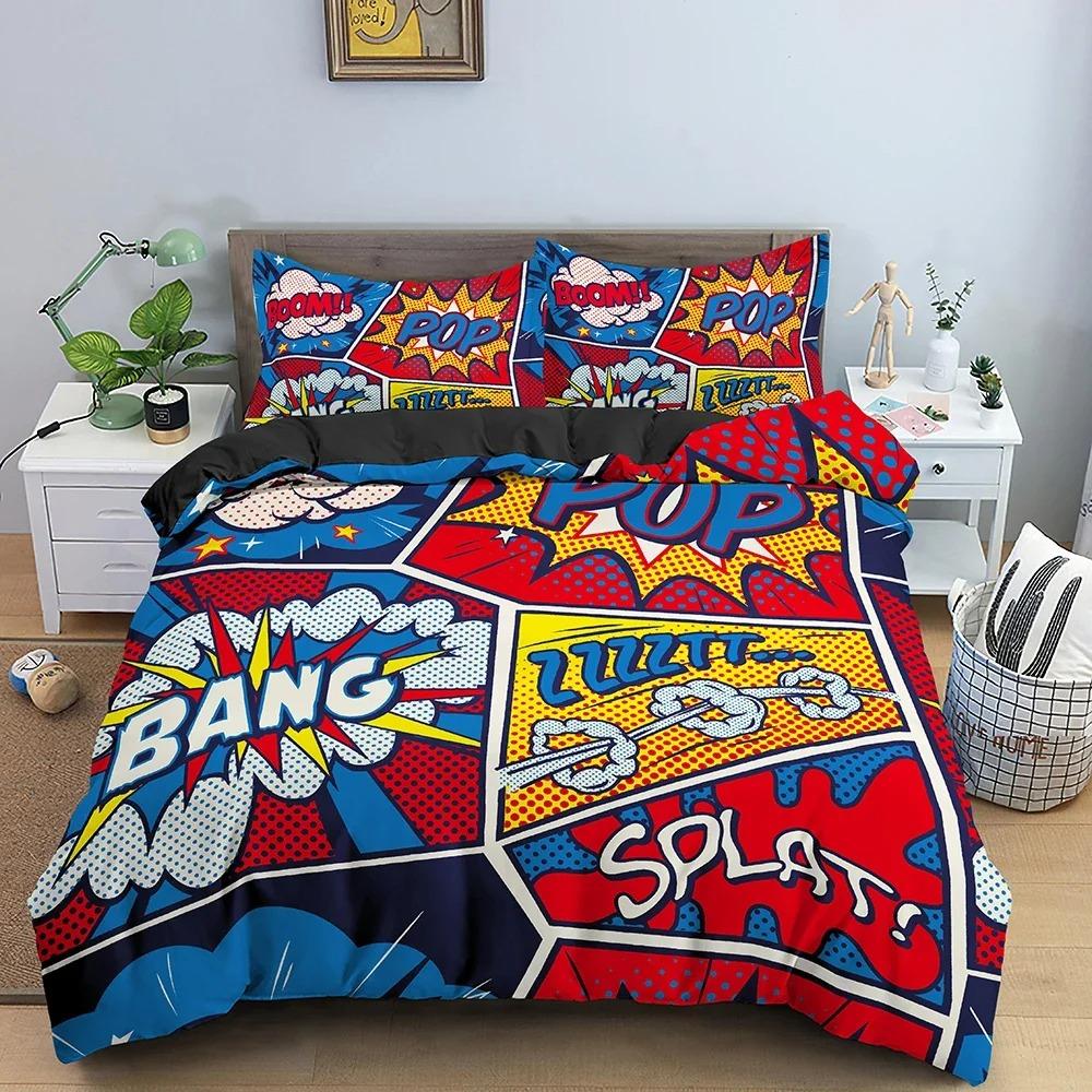 Comic Pattern Duvet Cover Queen King Cartoon Bedding Set for Boys Girls Hippie Hip Hop Rock Style Polyester Comforter Cover