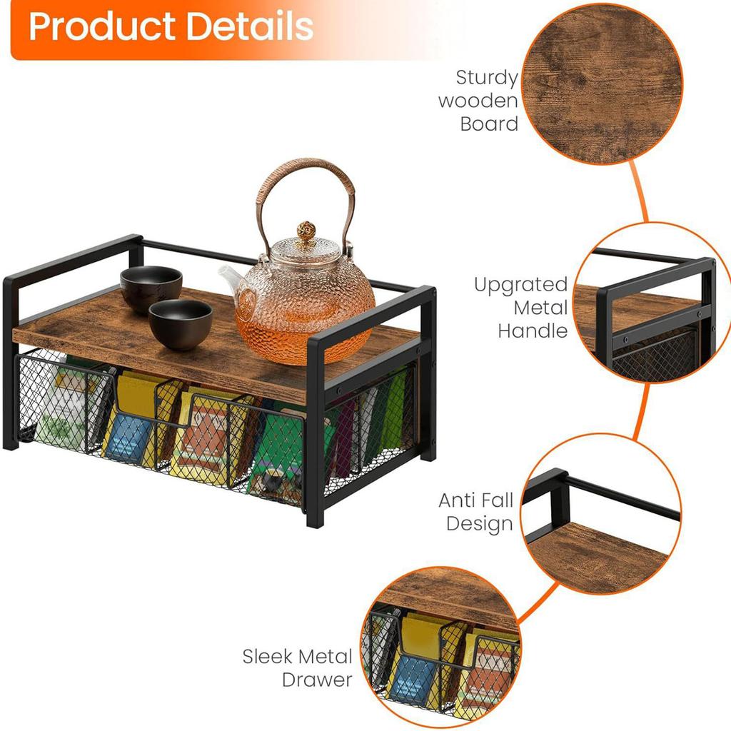Tea Bag Organizer Holder with 8 Compartments Storage Drawer Tea Station Chest Display Container Box for Countertop Kitchen Black 2 Tier