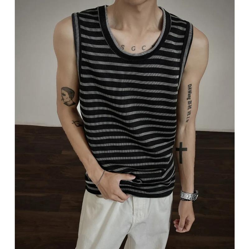 Men Black Gray Striped Crew Neck Contrast Trim Sleeveless Tank Top M серый