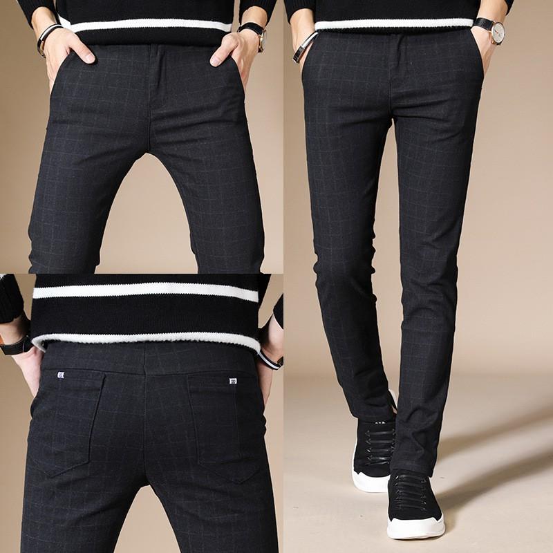 Mens Slim Fit Casual Pants Thin Stretch Long Trousers Plaid