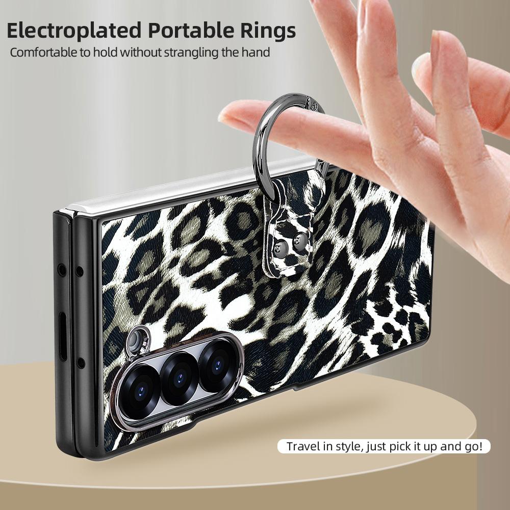 For Samsung Galaxy Z Fold6 5G Case Leopard Pattern PU PC Phone Cover with Tempered Glass Film/Ring Holder