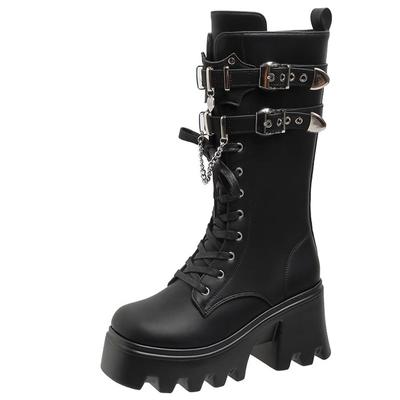 Botas de plataforma de estilo punk para mujer, botas de moto de cuero con suela gruesa y hebilla de metal de 9 cm, botas cortas para mujer
