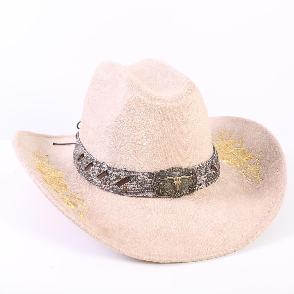 Popular European and American Classic Suede Western Cowboy Hat Men's and Women's Big Brim Embroidered Outdoor Sun Hat
