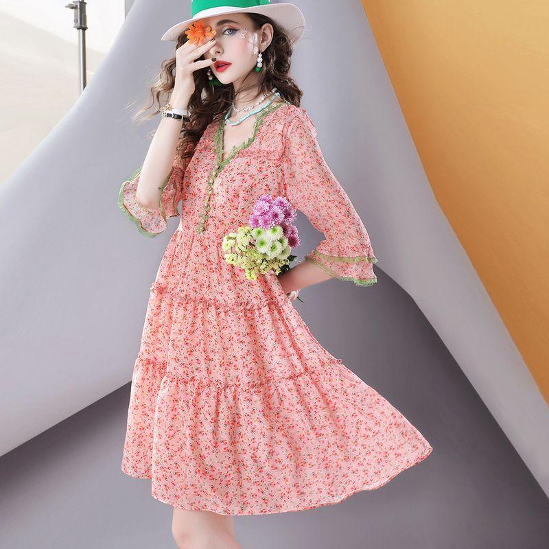 

European Station F663 Famous Brand Elegant Silk Dress Pink In Stock XL