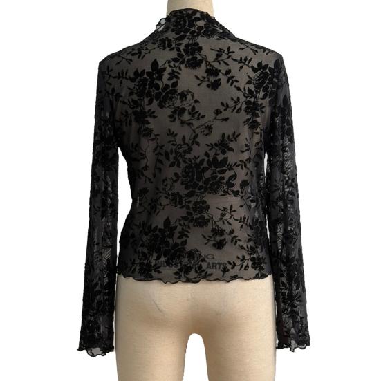 Women's Long Sleeve Mesh Top Mock Neck Floral Sheer See Through Shirt Sexy Party Club Night Going Out Blouse