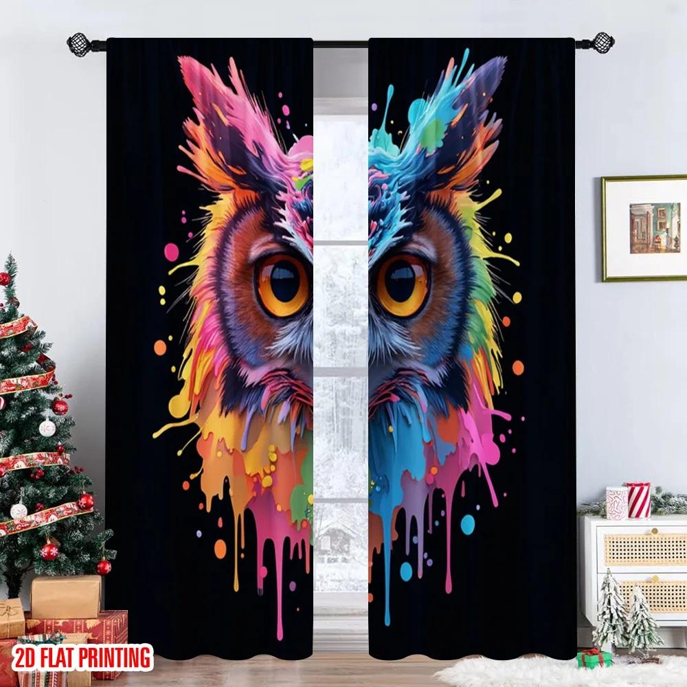 Set Of 2 Flat Printing Window Curtains Colorful Owl Paint Drip Digital Printed Polyester Drapes Family Party Decoration Made