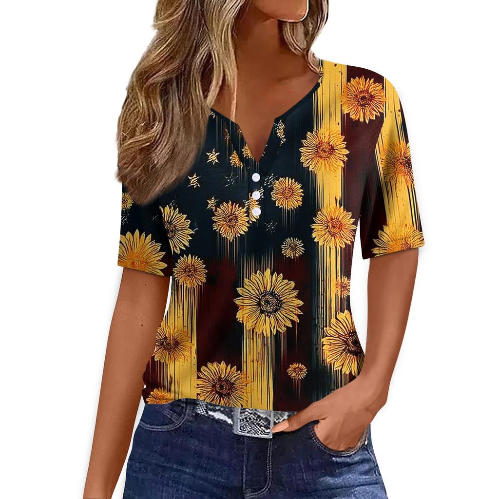 Women's T Shirt Tee Print Button Short Sleeve Daily Weekend Fashion Basic V- Neck Regular Top