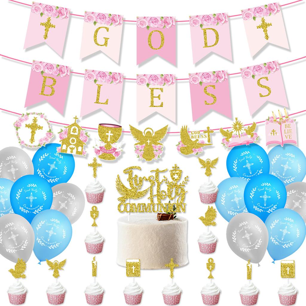 Decorazione Festa Battesimo Comunione Bambino Bandierina Dio Benedica Posizionamento Torta