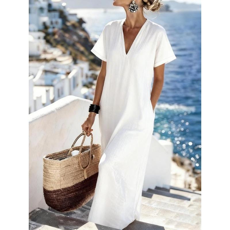 Women Casual Vacation V Neck Short Sleeve Solid Color Loose Maxi Dress