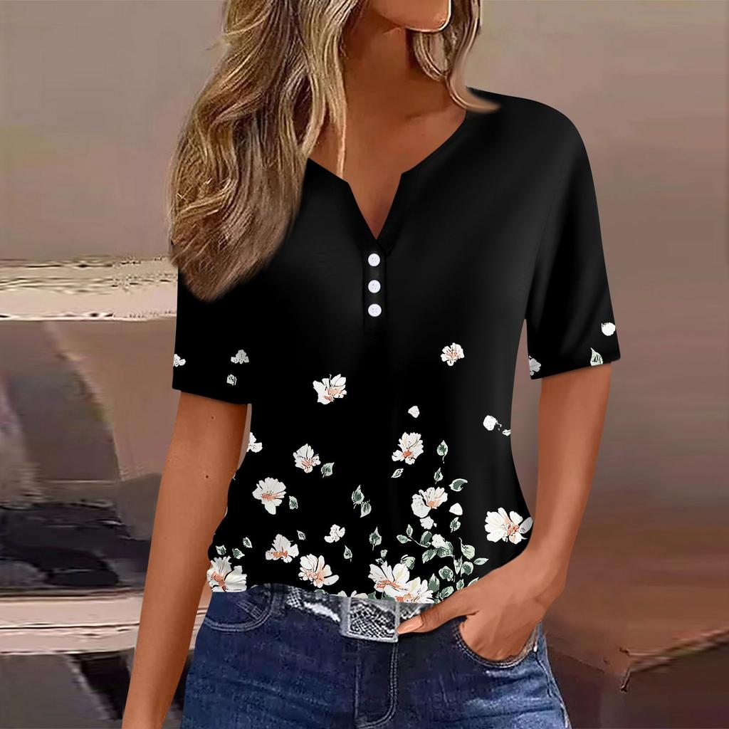 Women's T Shirt Tee Print Button Short Sleeve Tunic Daily Weekend Fashion Basic V- Neck Regular Top