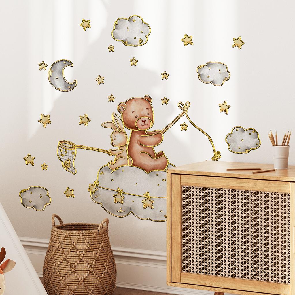 Tj9000 Hand-Painted Bear Rabbit On The Cloud Bronzing Wall Sticker Decoration Living Room Bedroom Background Self-Adhesive Sticker