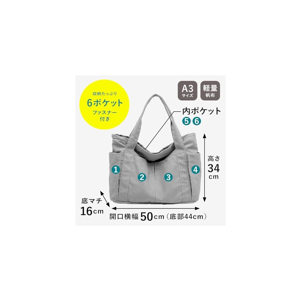 pieka Large Tote Bag, A3 Compatible, 6 Pockets, Canvas, Gray