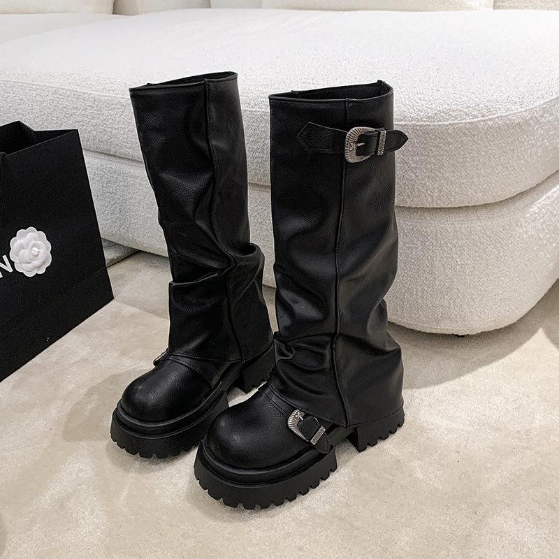 But Knee Boots Women's 2025 Thick-soled Heightening Western Boots Big Head Pant Tube Boots Stacked Knight Boots Tall Martin Boots