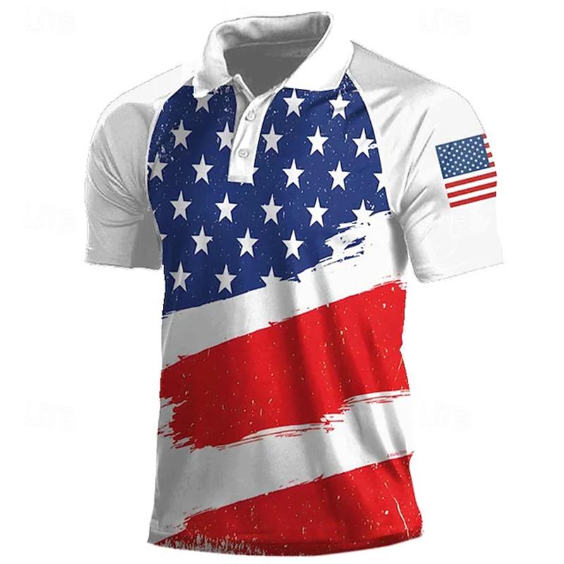 Patriotic American Flag Print Polo Shirt, Casual Short Sleeve Top