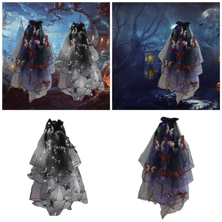 Zart leuchtender Totenkopf-Schmetterlingsschleier Einzigartiger Halloween-LED-Schleier Totenkopf-Schmetterlingsmuster-Schleier für Kostümpartys für Erwachsene