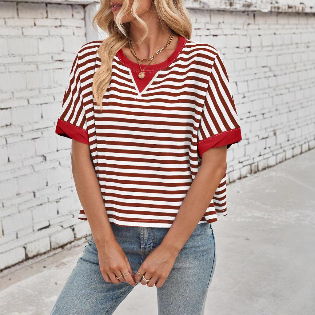 Sommerlich lässiges übergroßes gestreiftes Color-Block-Rundhals-Fledermausärmel-T-Shirt für Damen