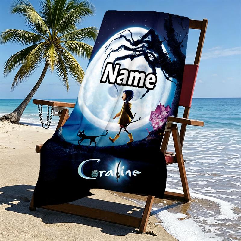 Custom Name Personalized Coraline Print Beach Towel, for Trip Camping Beach Party Home Decor, Birthday Gift for Family & Friends