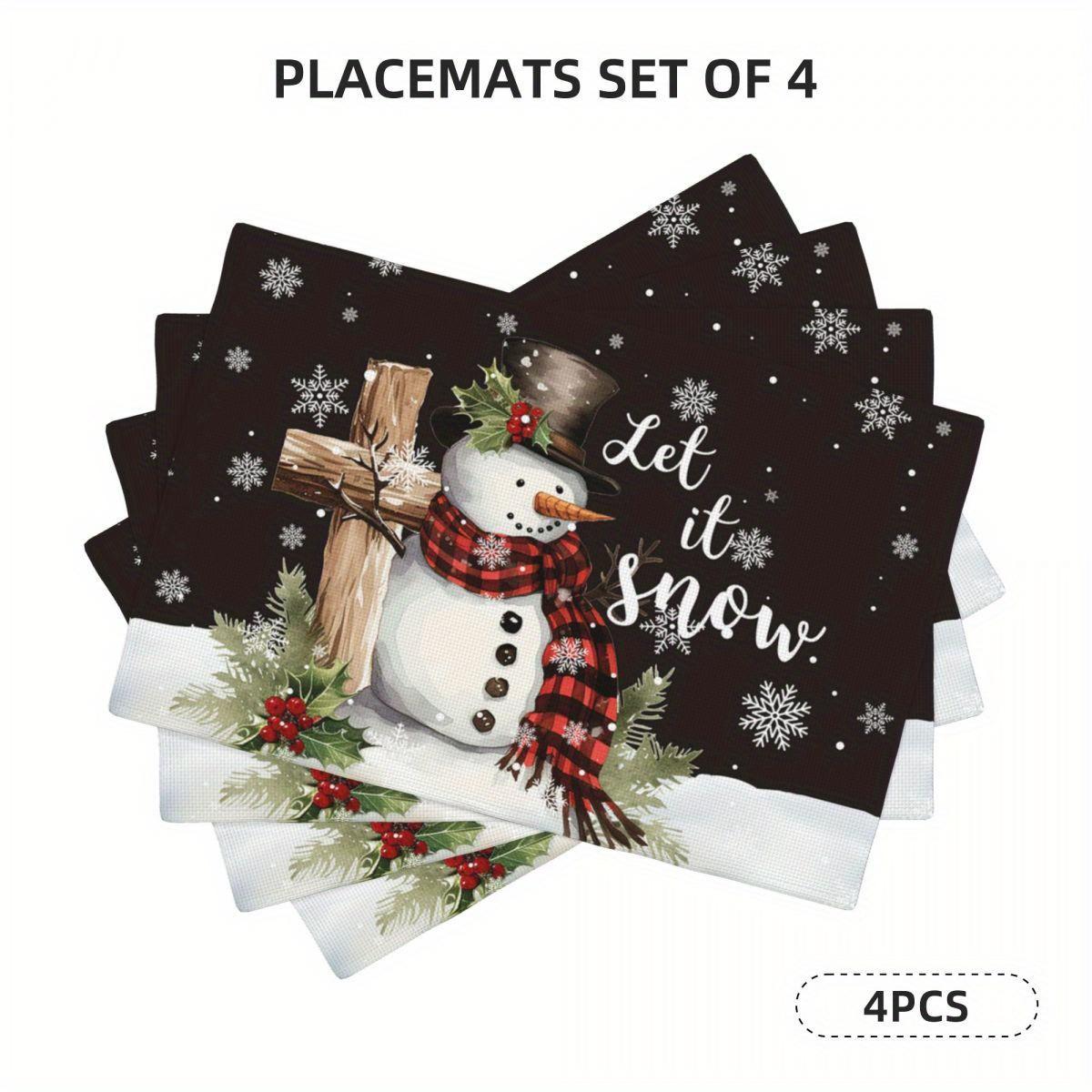 4-Pack/6-Pack Linen Placemats, 100% Linen Non-woven Fabric, Hand Wash Only, Rectangular Table Mats with Snowman & Snowflakes 30x45cm-6PC