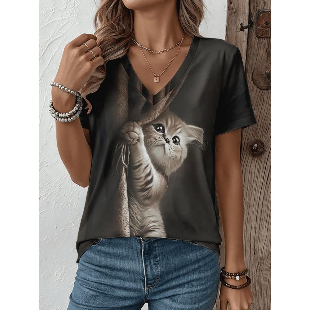 Women's V-neck short sleeved T-shirt cartoon cat print T-shirt