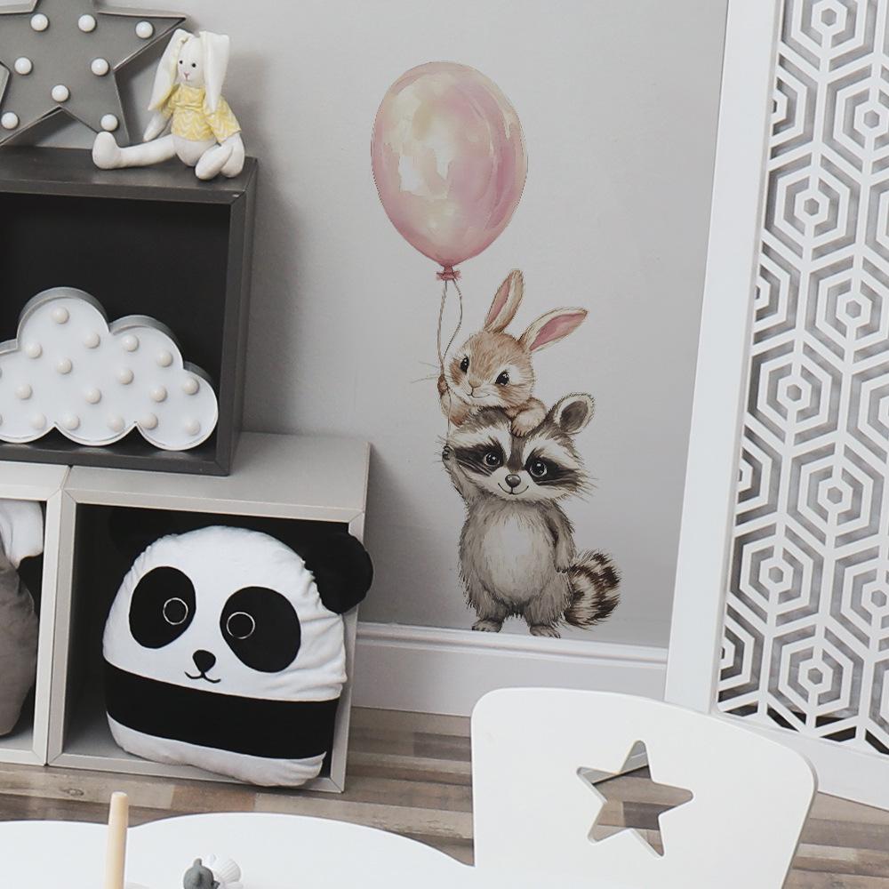 Cartoon Raccoon and Bunny with Balloons Wall Stickers, Playful Friends Wall Art for Kids Room, Bedroom and Living Room Decor