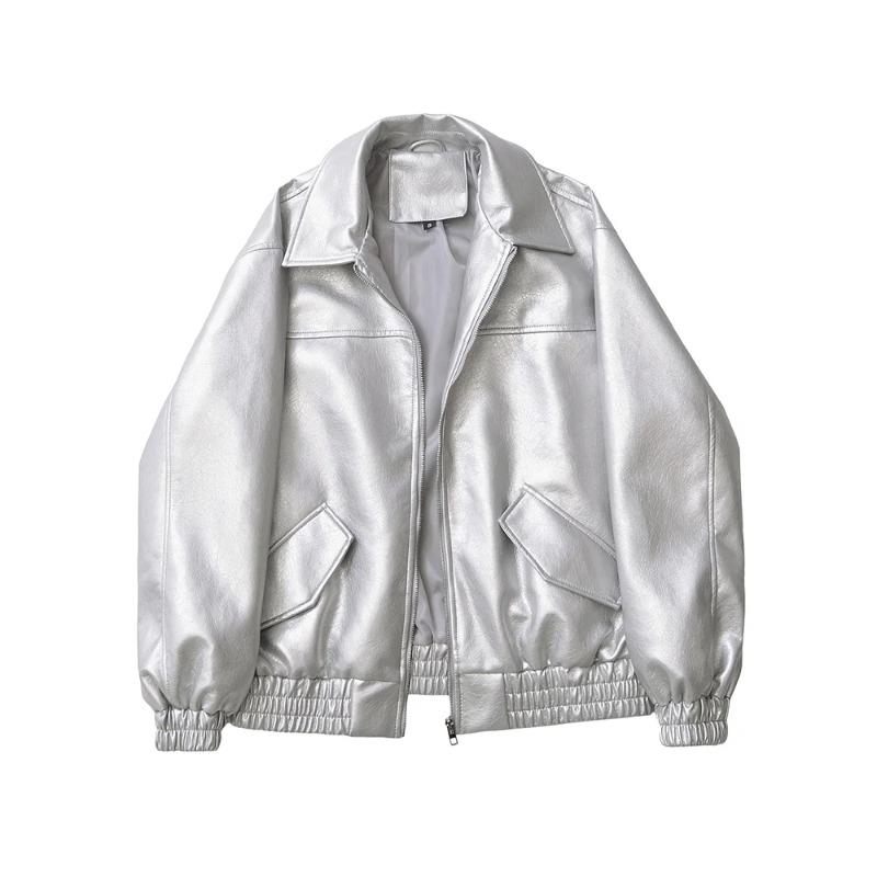 Ailegogo Streetwear Donna Retro Larga Corta PU Pelle Sintetica Giacca Primavera Autunno Donna Zip Cappotto Vintage Moto Biker Capospalla