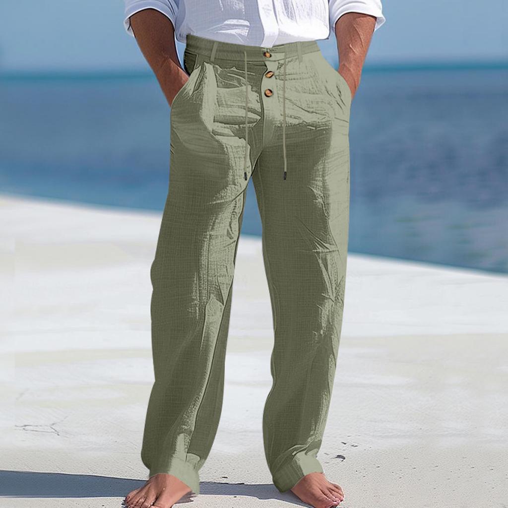 Men's Linen Drawstring Trousers  Beach Casual Sports Straight Leg Trousers